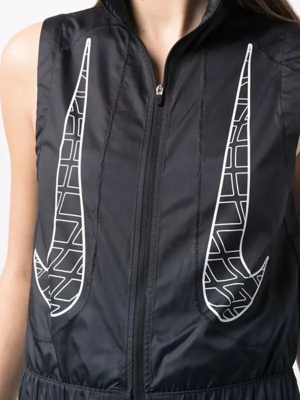 Nike Black Sleeveless Zip-Front Jumpsuit with White Swoosh Graphics XS